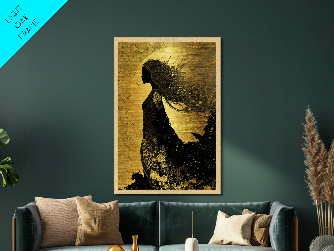 Freyja Norse Goddess Metallic Gold Art Metal Art, Viking Mythology Wall Decor, framed in real wood, Elegant Office and Man Cave Gift