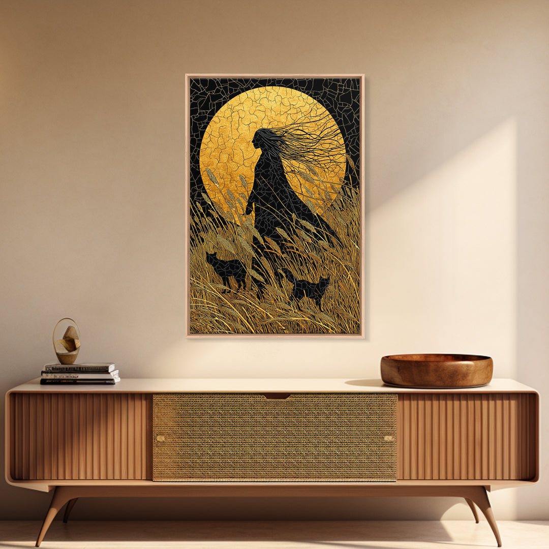 Frigg Norse Goddess Canvas Gold Art Canvas Art, Nordic Wall Decor framed in natural wood, Viking Mythology Wall Art for Office or Gift