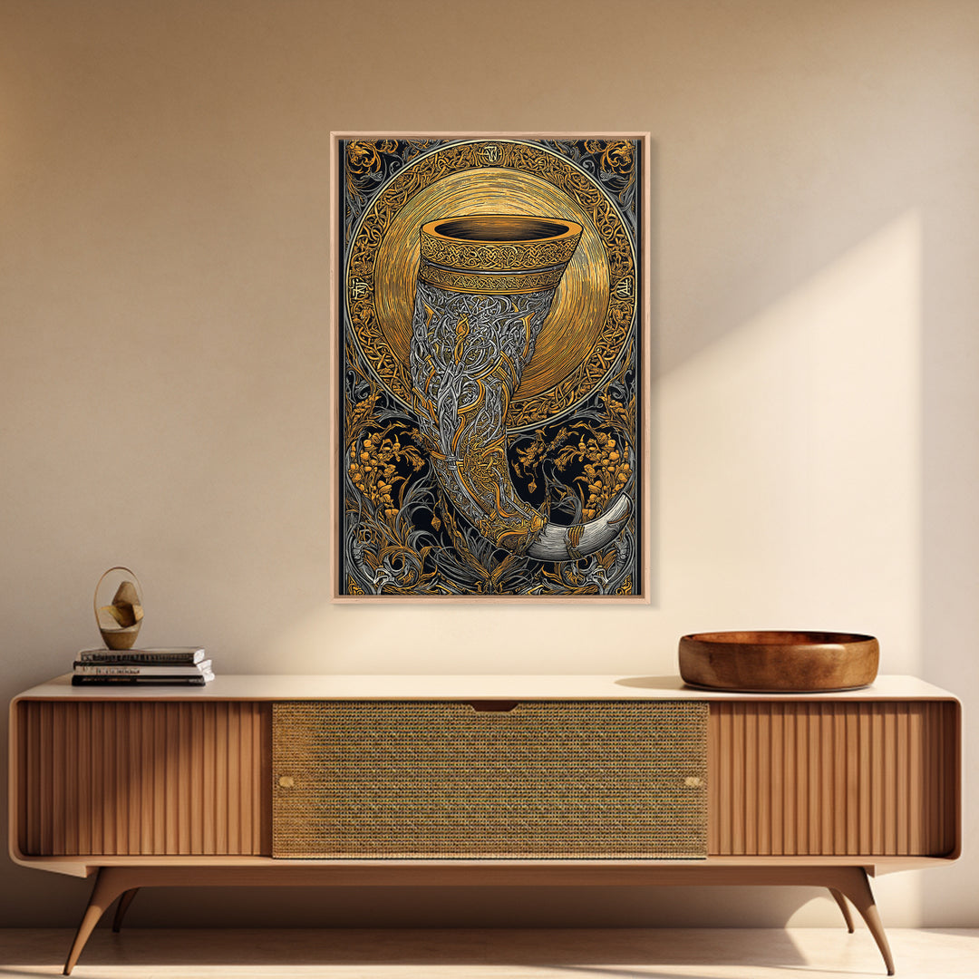 Viking Drinking Horn Wall Decor Gjallarhorn Canvas Gold Art Canvas Art Nordic Mythology Office Wall Art framed in natural wood
