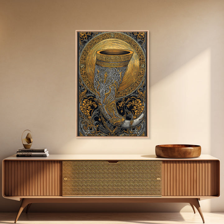 Viking Drinking Horn Wall Decor Gjallarhorn Canvas Gold Art Canvas Art Nordic Mythology Office Wall Art framed in natural wood