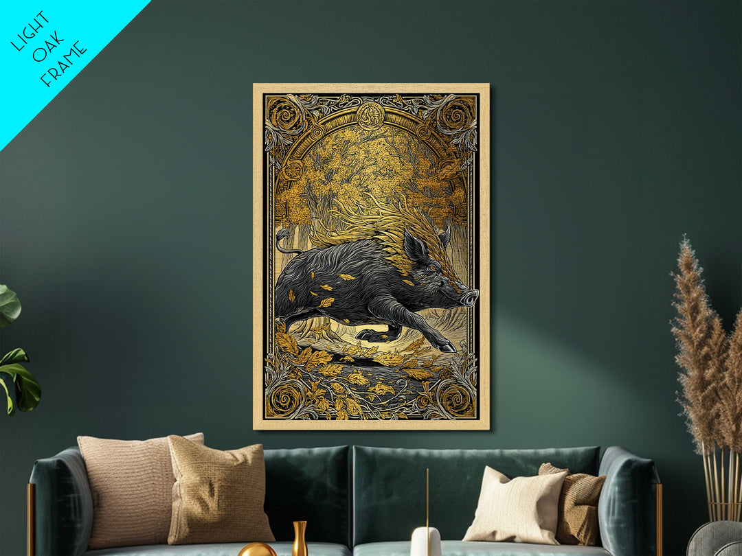 Norse Boar Gullinbursti Metallic Gold Art Metal Art Viking Wall Decor Nordic Mythology Gift Dad Office Art framed in solid wood