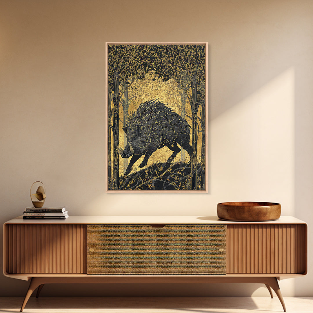 Gullinbursti Boar Norse Mythology Print Canvas Gold Art Canvas Art Nordic Wall Decor Viking Man Cave Art with real wood frame