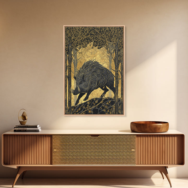 Gullinbursti Boar Norse Mythology Print Canvas Gold Art Canvas Art Nordic Wall Decor Viking Man Cave Art with real wood frame
