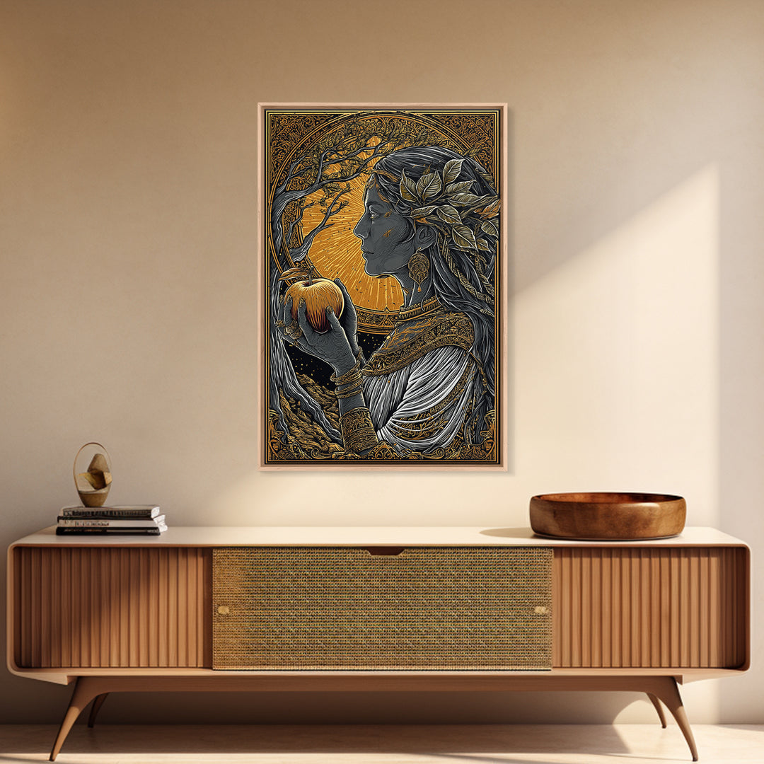 Idunn Goddess of Youth Norse Mythology Canvas Gold Art Canvas Art Nordic Wall Decor Office Art Dad Gift framed in natural wood