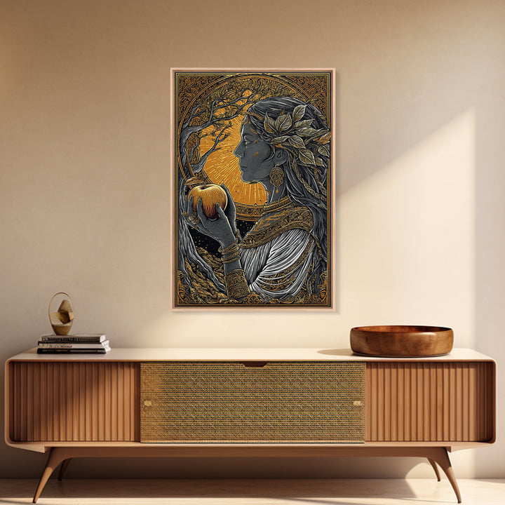 Idunn Goddess of Youth Norse Mythology Canvas Gold Art Canvas Art Nordic Wall Decor Office Art Dad Gift framed in natural wood