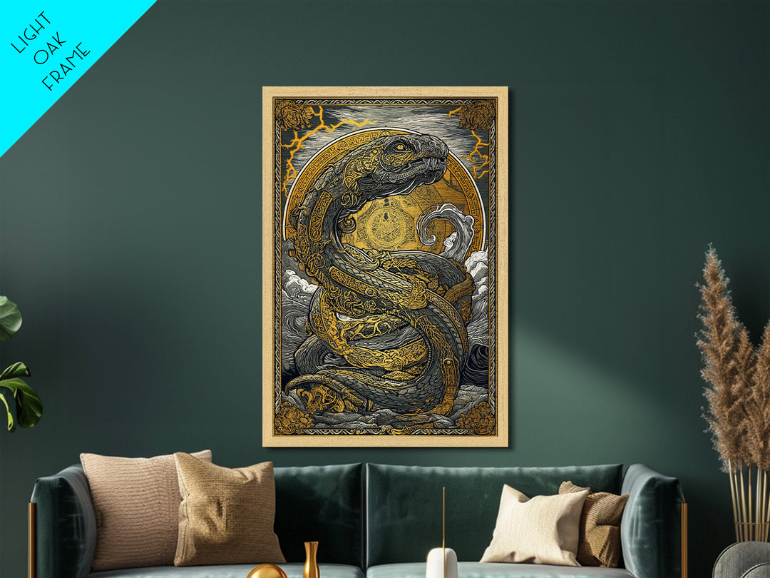 Norse Jrmungandr Metallic Gold Art Metal Art | Viking Serpent Wall Decor | Mythology Office Art framed in natural wood