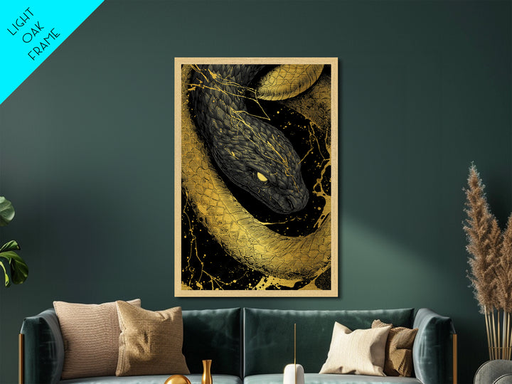 Metallic Gold Art Jrmungandr Midgard Serpent Metal Art | Norse Wall Decor | Viking Office Art with real wood frame