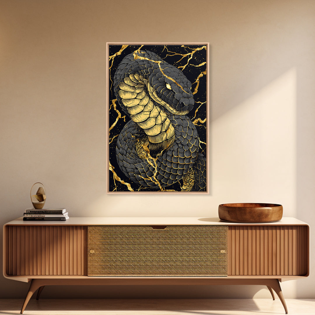 Jormungandr Midgard Serpent Canvas Gold Art Canvas Art Viking Mythology Wall Decor Nordic Office Man Cave Gift with wood frame