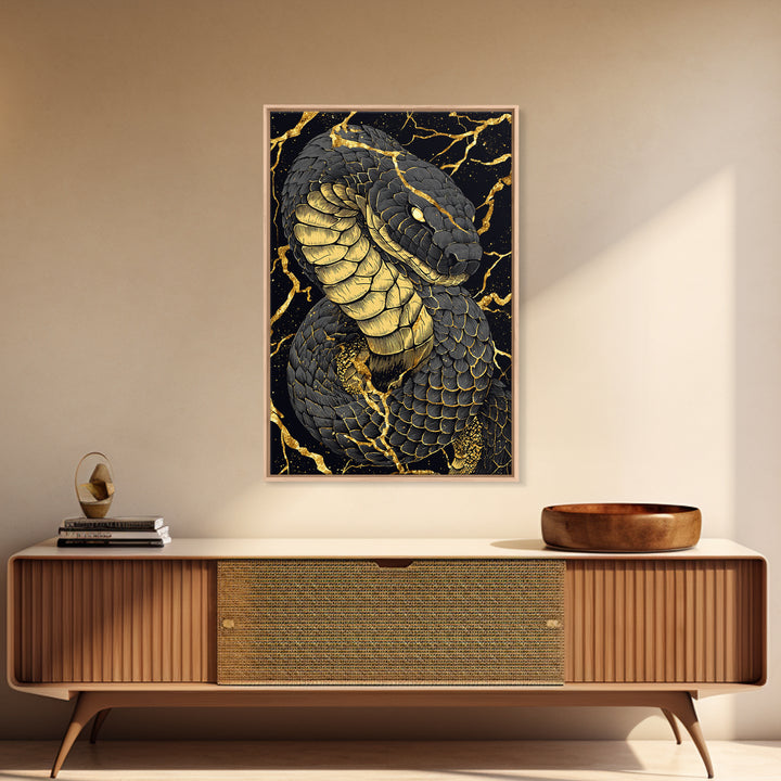 Jormungandr Midgard Serpent Canvas Gold Art Canvas Art Viking Mythology Wall Decor Nordic Office Man Cave Gift with wood frame