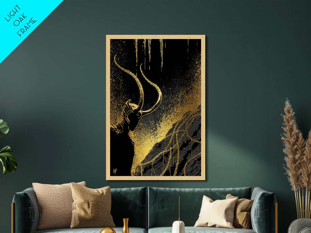Loki Bound Metallic Gold Art Metal Art | Norse Trickster God Wall Decor | Viking Mythology Man Cave framed in wood