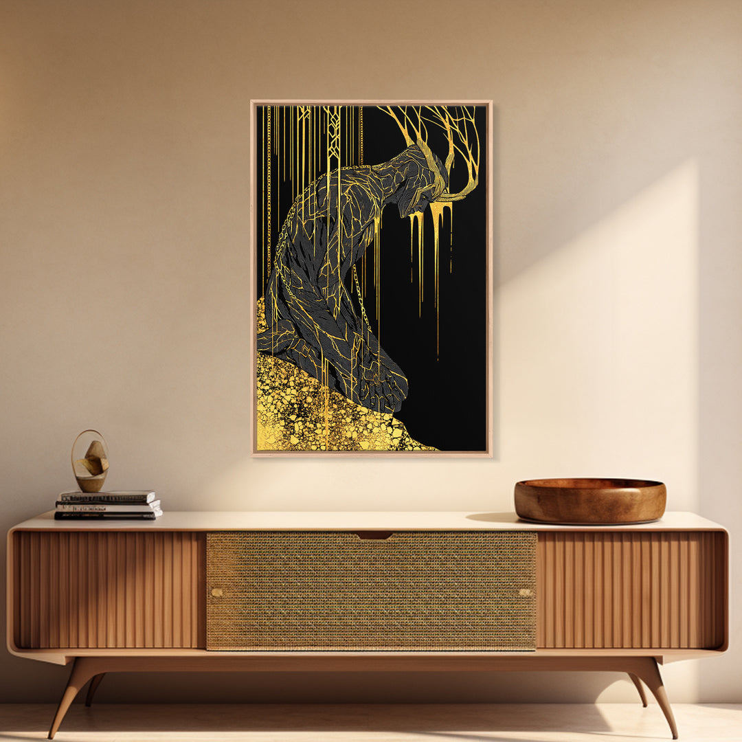 Jrmungandr World Serpent Norse Canvas Gold Art Canvas Art | Viking Mythology Wall Decor | Office Art with wood frame