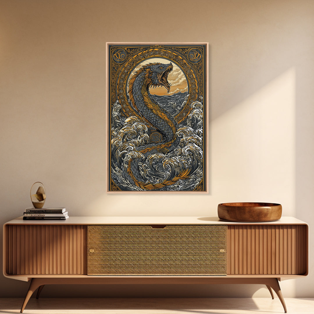 Midgard Norse Landscape Canvas Gold Art Canvas Art | Viking World Tree Inspired Decor | Mythology Office Art framed wood