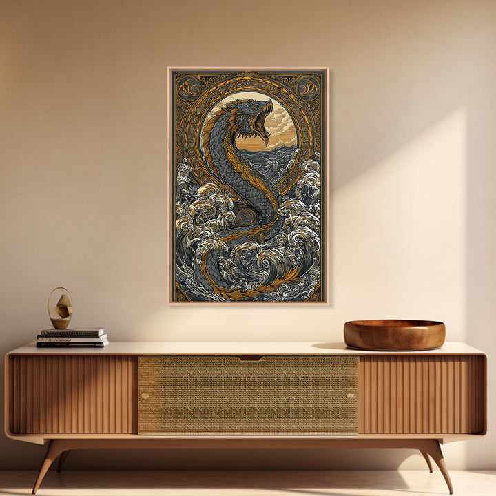 Midgard Norse Landscape Canvas Gold Art Canvas Art | Viking World Tree Inspired Decor | Mythology Office Art framed wood