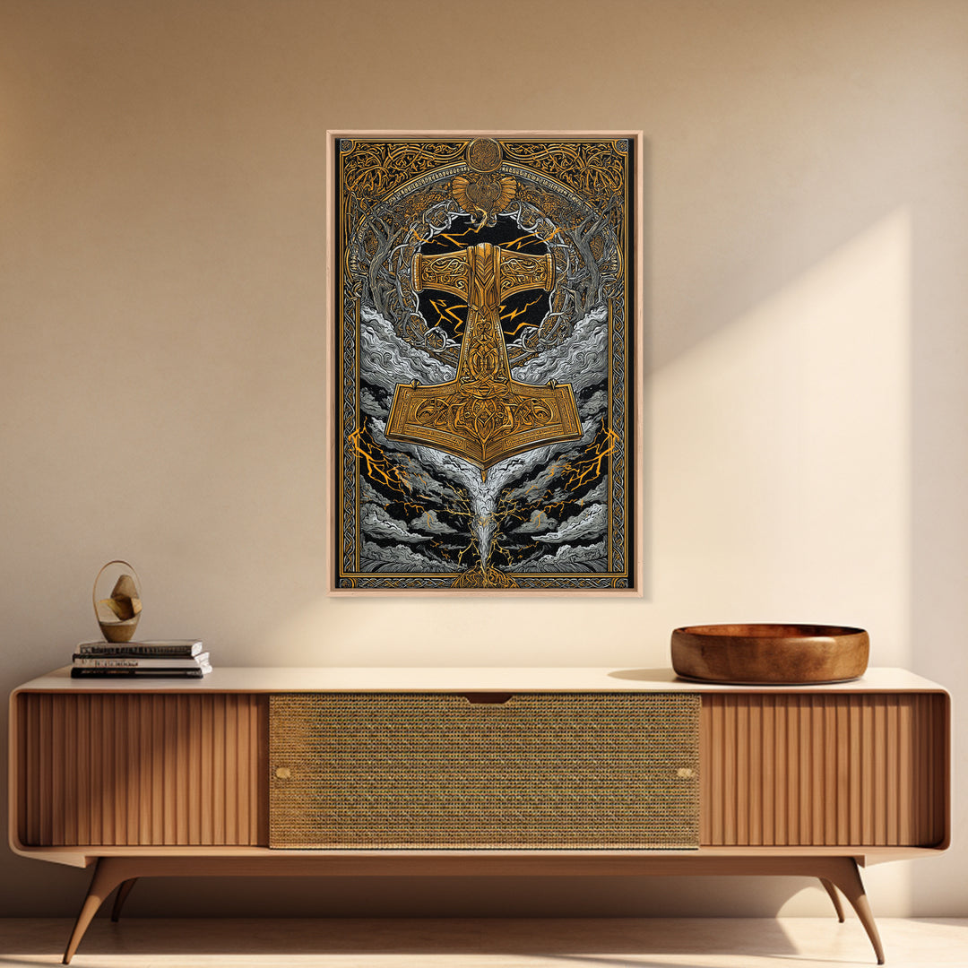 Viking Thor’s Hammer Mjolnir Wall Art, Canvas Gold Art and Canvas Art, Norse Mythology inspired office décor framed in solid wood