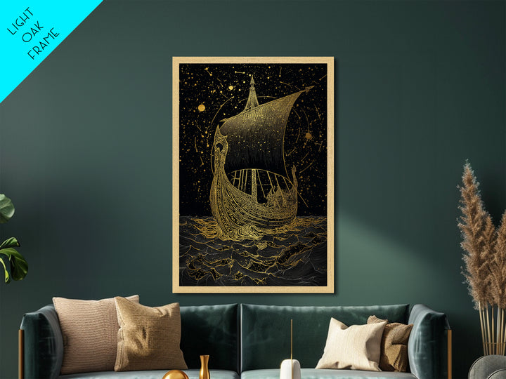 Norse Naglfar Viking Ship Artwork, Metallic Gold Art and Metal Art, Nordic Mythology wall décor framed in real wood, unique dad gift