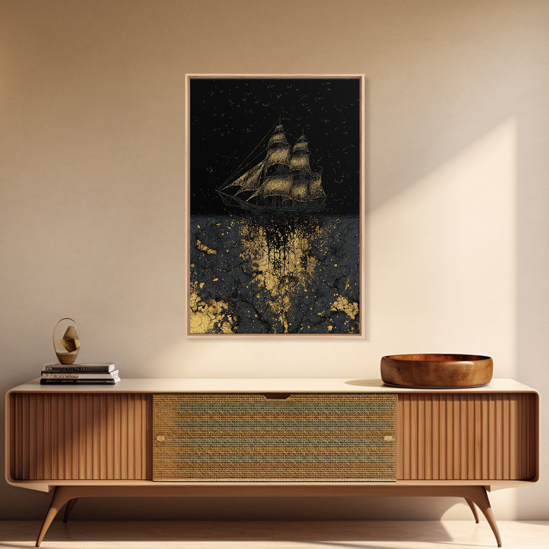 Canvas Gold Art of the Ship Naglfar, Viking Mythology Canvas Art, Norse legend inspired décor framed in natural wood for man cave wall