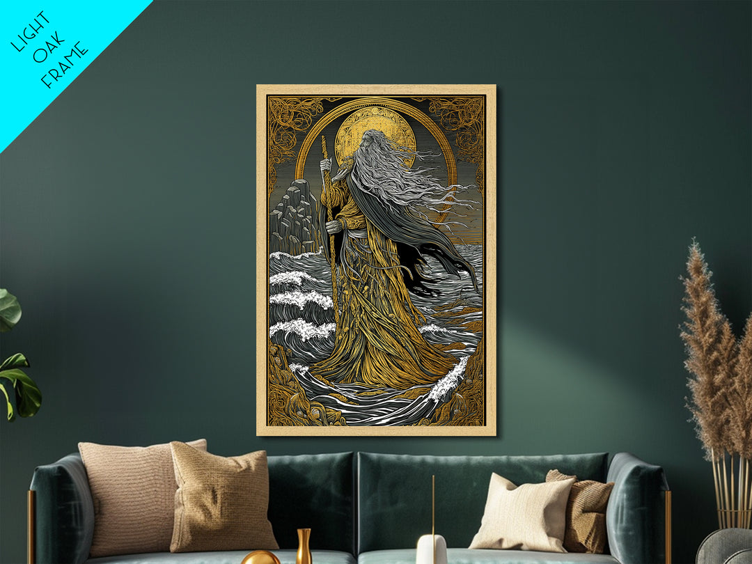 Nordic God Njord Metallic Gold Art, Ocean Deity Norse Mythology Metal Art for Office Wall or Dad Gift, framed with natural wood