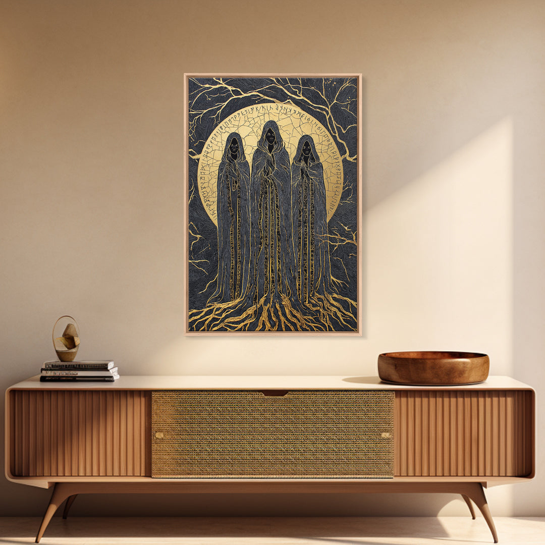Viking Norns Canvas Gold Art, Nordic Mythology Canvas Art of Fate Goddesses and Runes, Norse Decor framed with natural wood frame