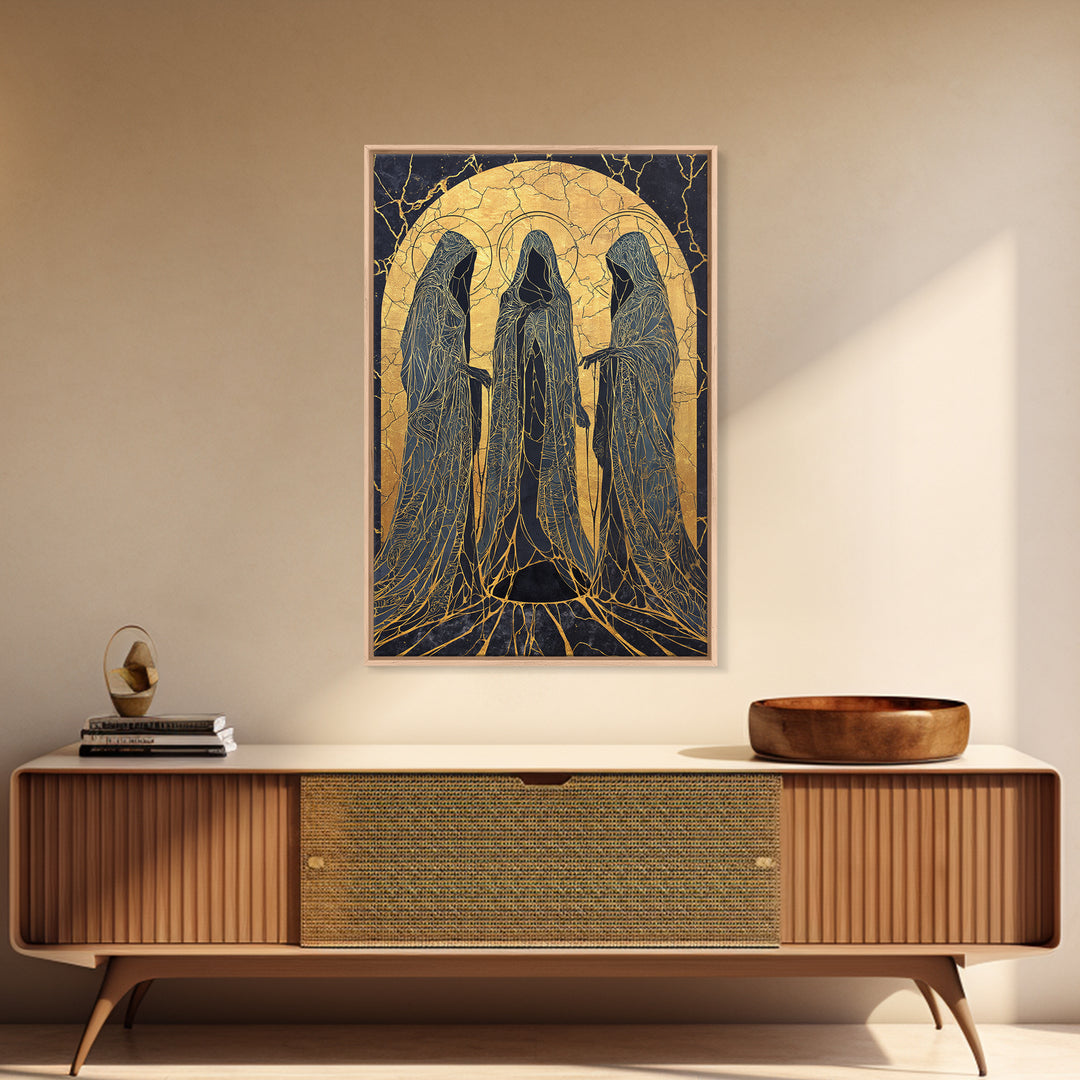 Canvas Gold Art of the Three Norns, Norse Mythology Canvas Art on Yggdrasil Roots, Viking Man Cave Decor in a natural wood frame