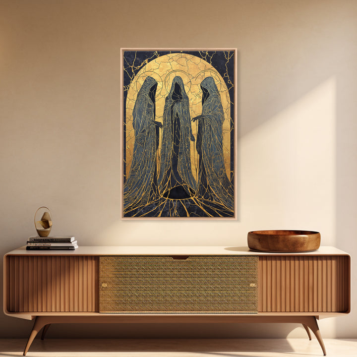 Canvas Gold Art of the Three Norns, Norse Mythology Canvas Art on Yggdrasil Roots, Viking Man Cave Decor in a natural wood frame