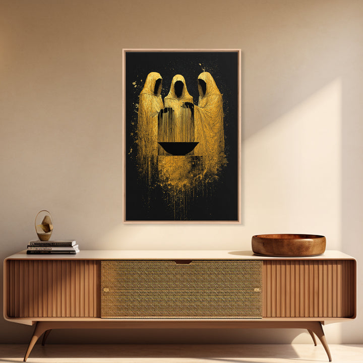 Viking Norns Canvas Gold Art, Nordic Mythology Canvas Art of Fate Goddesses around Sacred Well, Office Decor with natural wood frame