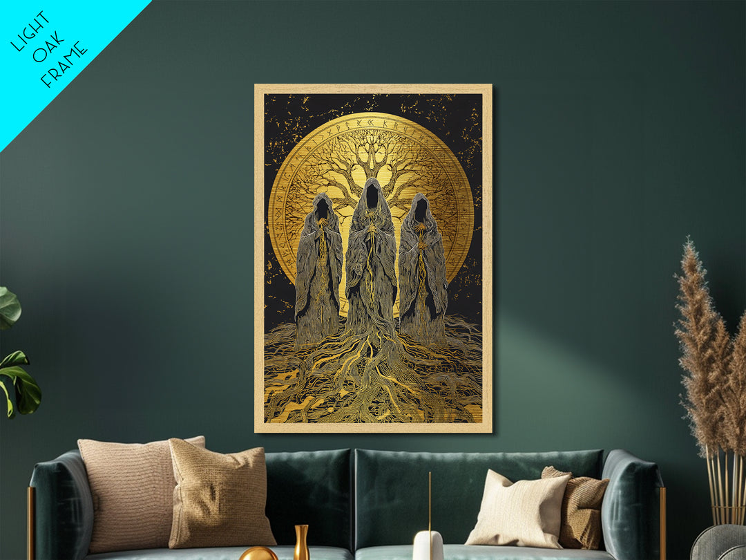 Norns Metallic Gold Art, Norse Mythology Metal Art of Fate Weavers with Yggdrasil, Viking Office Decor beautifully framed in real wood