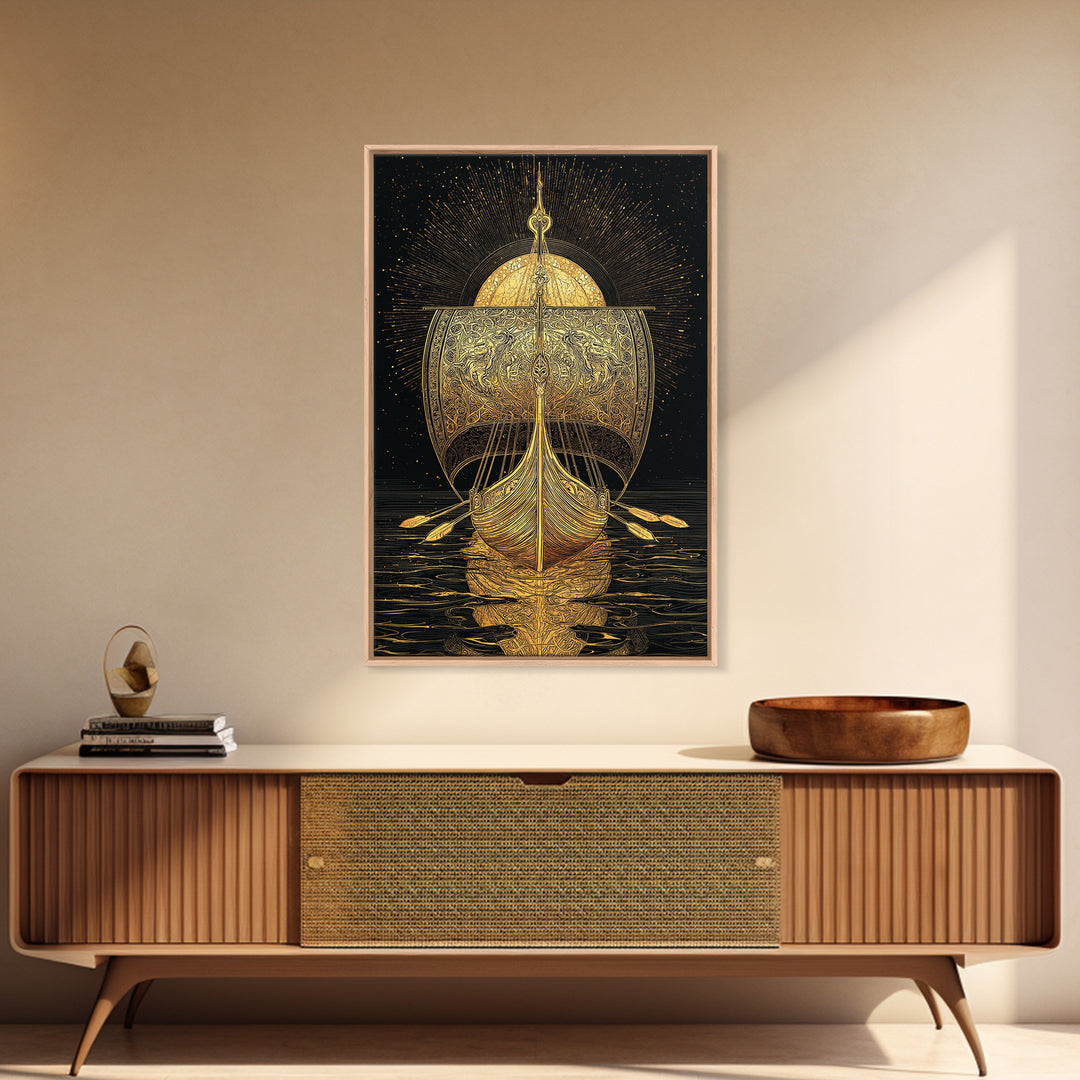 Viking Ship Canvas Gold Art Canvas Art Norse Longboat Wall Decor for Man Cave or Office, framed in natural wood