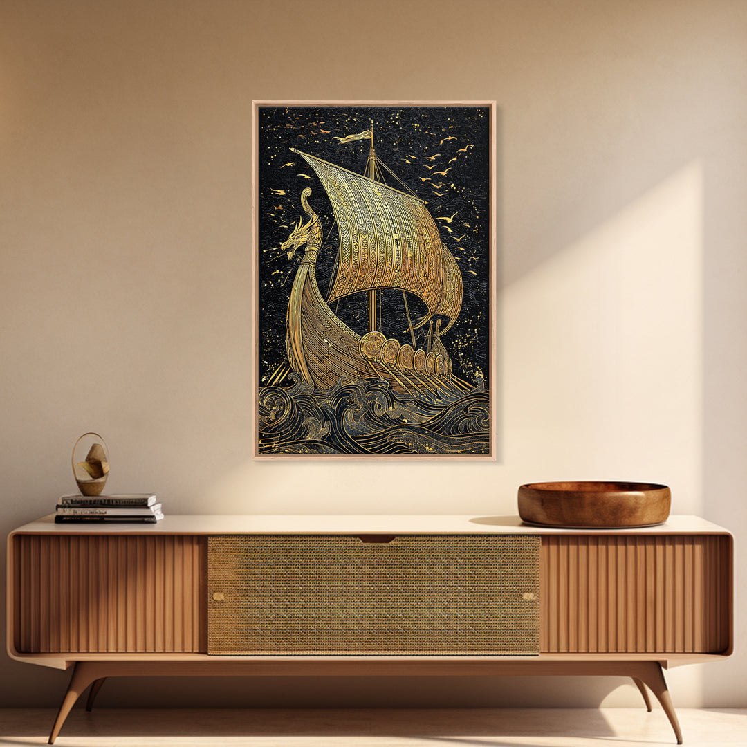 Dragon Head Viking Longship Canvas Gold Art Canvas Art Norse Decor for Man Cave, Office Wall Art framed in real wood