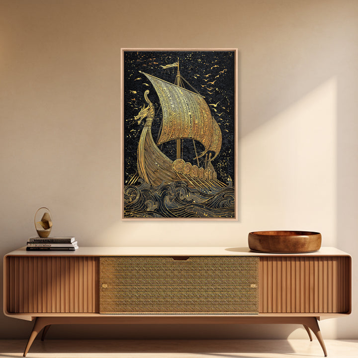 Dragon Head Viking Longship Canvas Gold Art Canvas Art Norse Decor for Man Cave, Office Wall Art framed in real wood