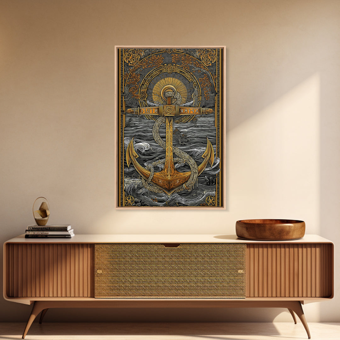 Norse Anchor Wall Art Canvas Gold Art Canvas Art with Runes Viking Decor for Men’s Office or Man Cave framed in wood