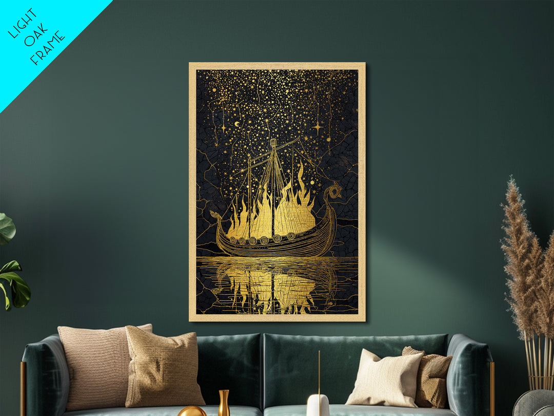 Norse Burial Ship Metallic Gold Art Metal Art – Viking Funeral Boat Wall Decor, Man Cave Office Artwork framed in real natural wood