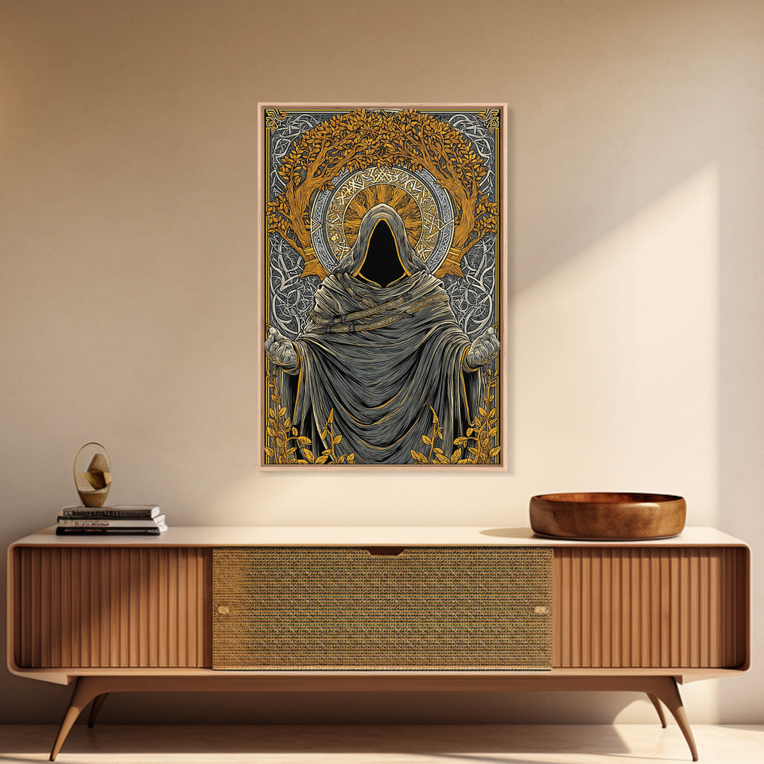 Canvas Gold Art Norse Ritual Hooded Figure Canvas Art – Viking Seer Man Cave Office Decor, Nordic Myth Gift framed with real wood