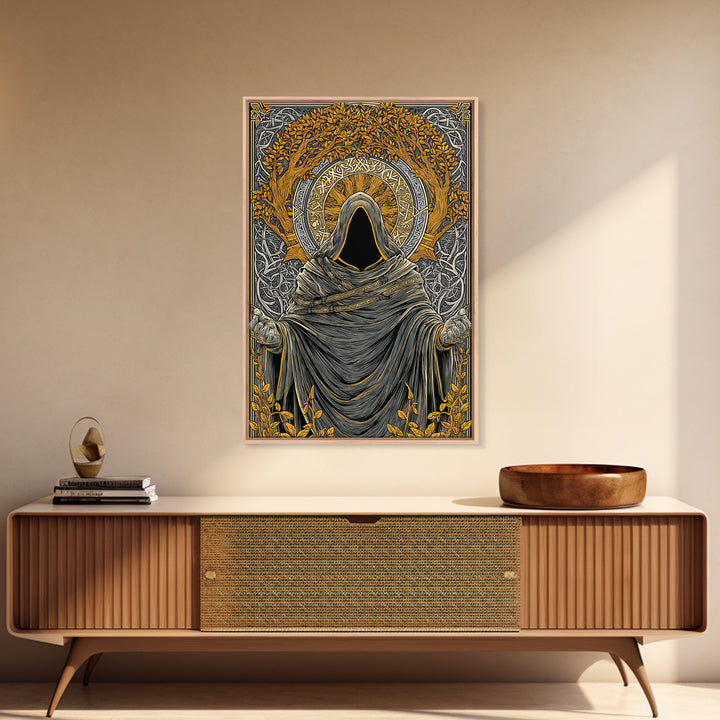 Canvas Gold Art Norse Ritual Hooded Figure Canvas Art – Viking Seer Man Cave Office Decor, Nordic Myth Gift framed with real wood