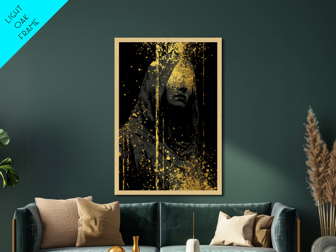 Nordic Hooded Seer Metallic Gold Art Metal Art – Norse Mythology Office Wall Art, Mystic Viking Decor in handcrafted wood frame