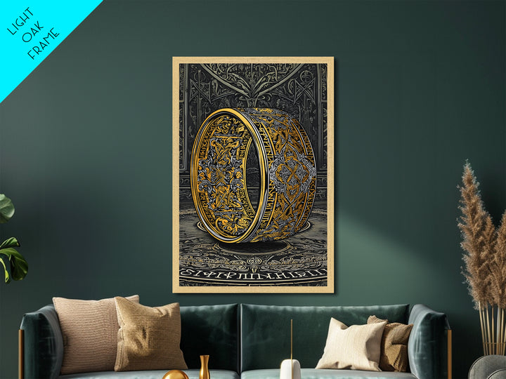 Metallic Gold Art Ornate Norse Ring Metal Art – Nordic Mythology Viking Jewelry Wall Art, Unique Dad Gift framed with natural wood