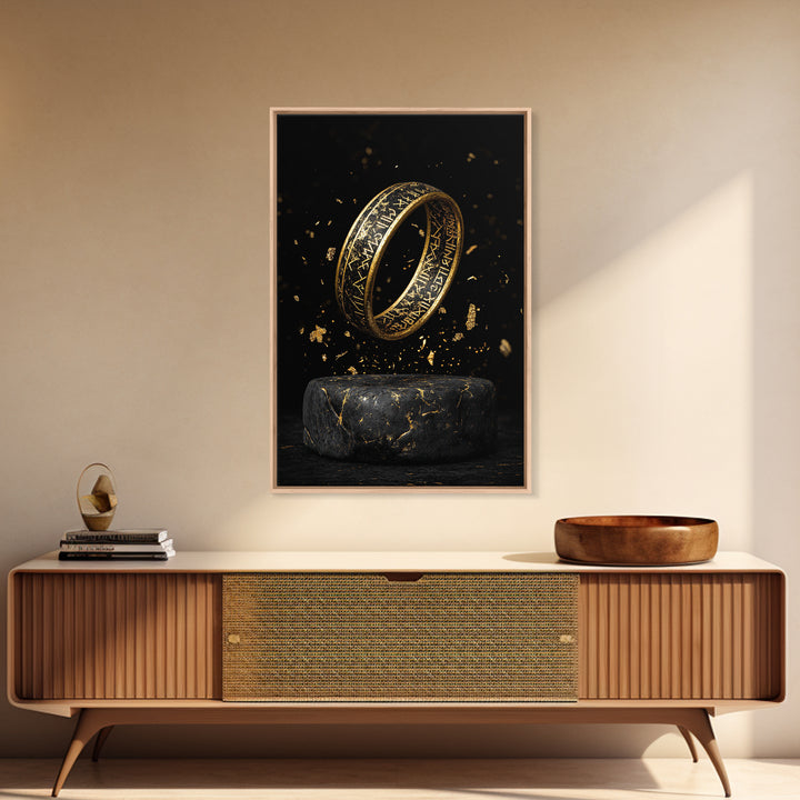 Viking Rune Ring Canvas Gold Art Canvas Art – Nordic Mythology Office Wall Art, Norse Man Cave Decor with handcrafted real wood frame