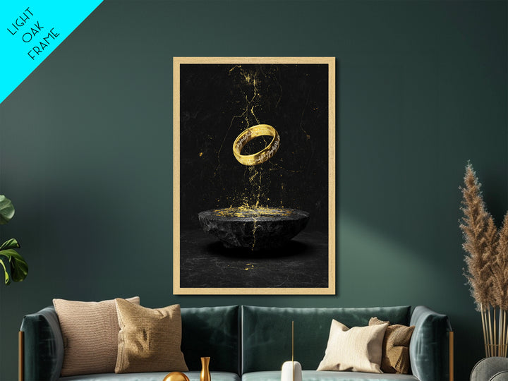 Nordic Mythology Rune Ring Metallic Gold Art Metal Art – Viking Inspired Office Wall Decor, Man Cave Gift framed with real wood frame