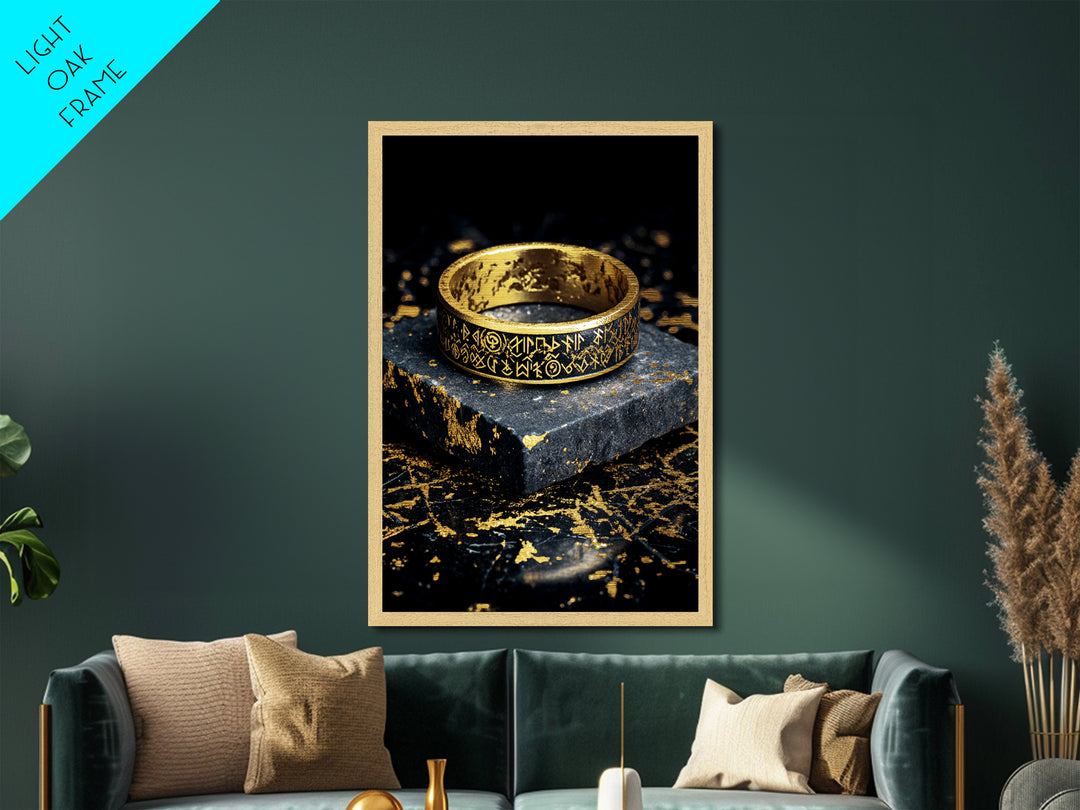Norse Rune Ring Metallic Gold Art Metal Art – Viking Jewelry Inspired Office Wall Art, Nordic Man Cave Decor framed in wood frame