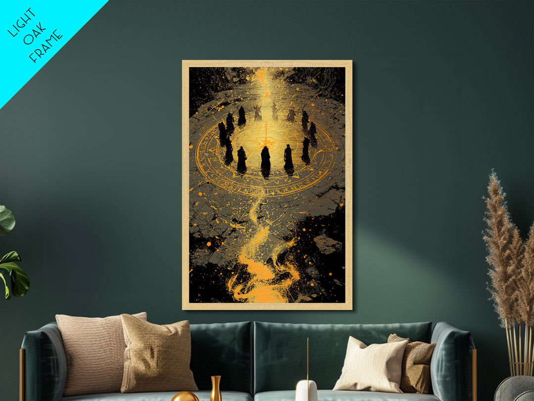 Mystical Norse Ritual Gathering Metallic Gold Art, Viking Pagan Metal Art Wall Hanging with real wood frame, Dad Gift or Office Art