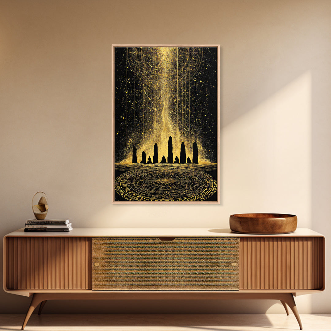 Canvas Gold Art Norse Ritual Stone Circle Canvas Art – Viking Ceremony Wall Art, Nordic Office Decor for Men framed in natural wood