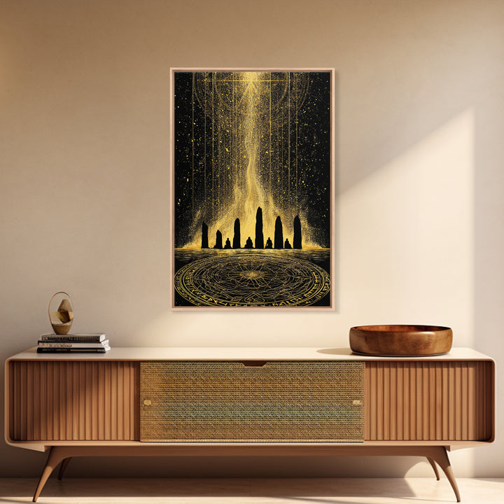 Canvas Gold Art Norse Ritual Stone Circle Canvas Art – Viking Ceremony Wall Art, Nordic Office Decor for Men framed in natural wood