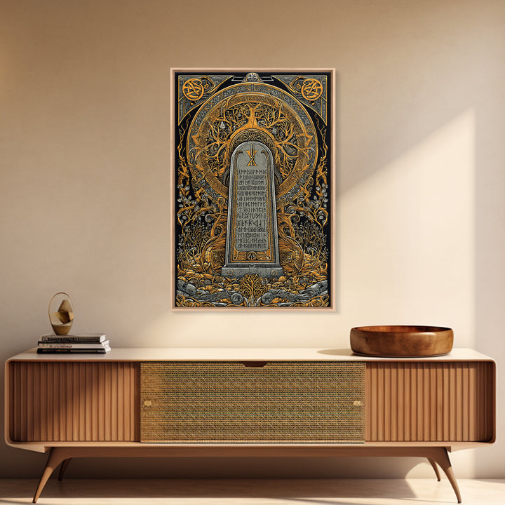 Runestone Engraved with Ancient Runes Canvas Gold Art, Nordic Mythology Canvas Art framed in real wood, Man Cave or Office Decor