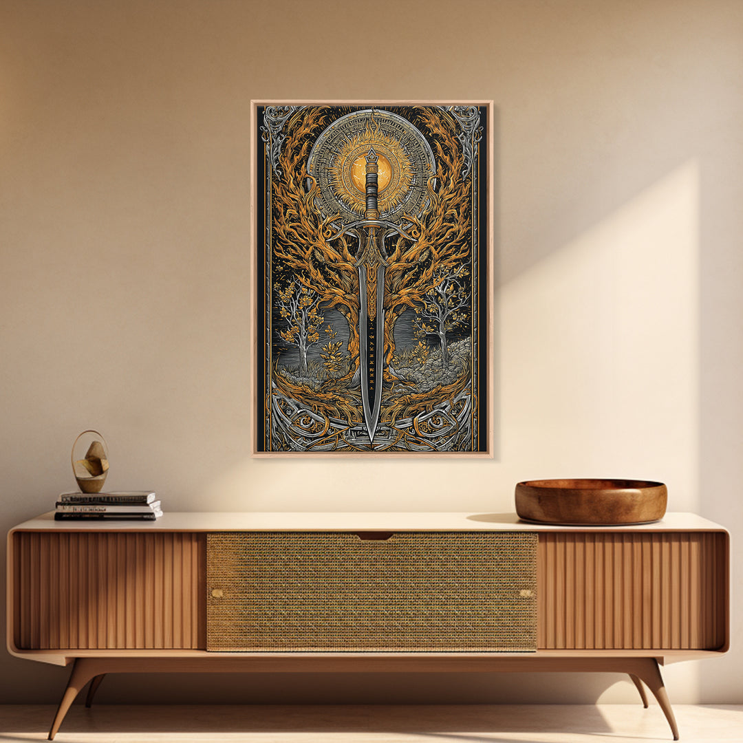 Viking Spear and Sacred Sun Canvas Gold Art, Nordic Weapon Canvas Art framed in natural wood, Bold Man Cave Decor or Office Wall Art