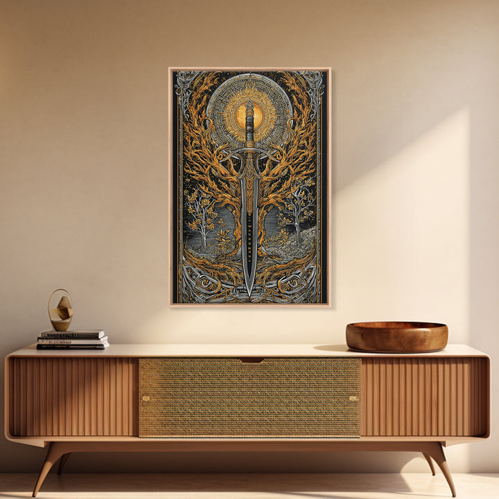 Viking Spear and Sacred Sun Canvas Gold Art, Nordic Weapon Canvas Art framed in natural wood, Bold Man Cave Decor or Office Wall Art
