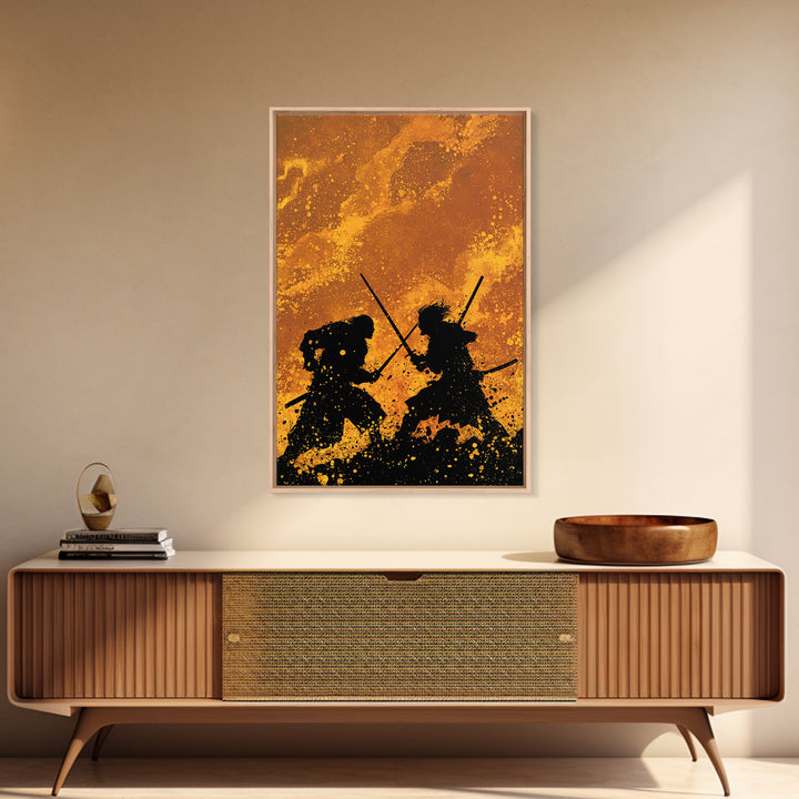 Viking Army Fight Scene Canvas Gold Art, Nordic Mythology Battle Canvas Art framed in natural wood, Bold Wall Decor for Men