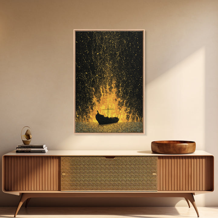 Viking Funeral Ship Canvas Gold Art Canvas Art Norse Burial Scene Wall Decor for Man Cave or Office, framed in real wood