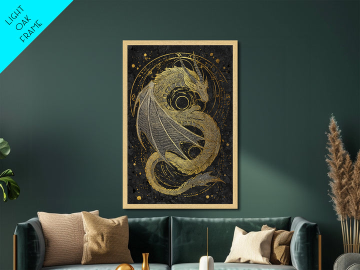Nordic Dragon Metallic Gold Art, Viking Mythology Metal Art for Man Cave or Office, framed in natural real wood for dad gift