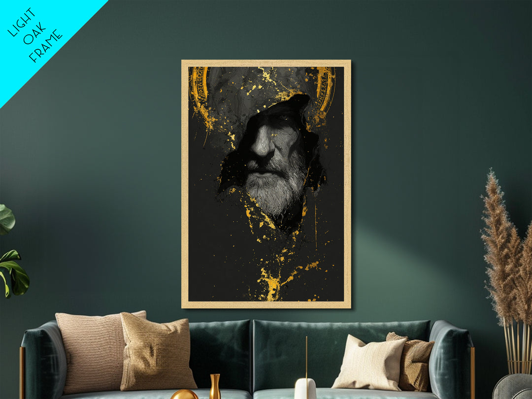 Odin Metallic Gold Art Norse God Portrait, Viking Mythology Metal Art with real wood frame, masculine Nordic wall art for man cave
