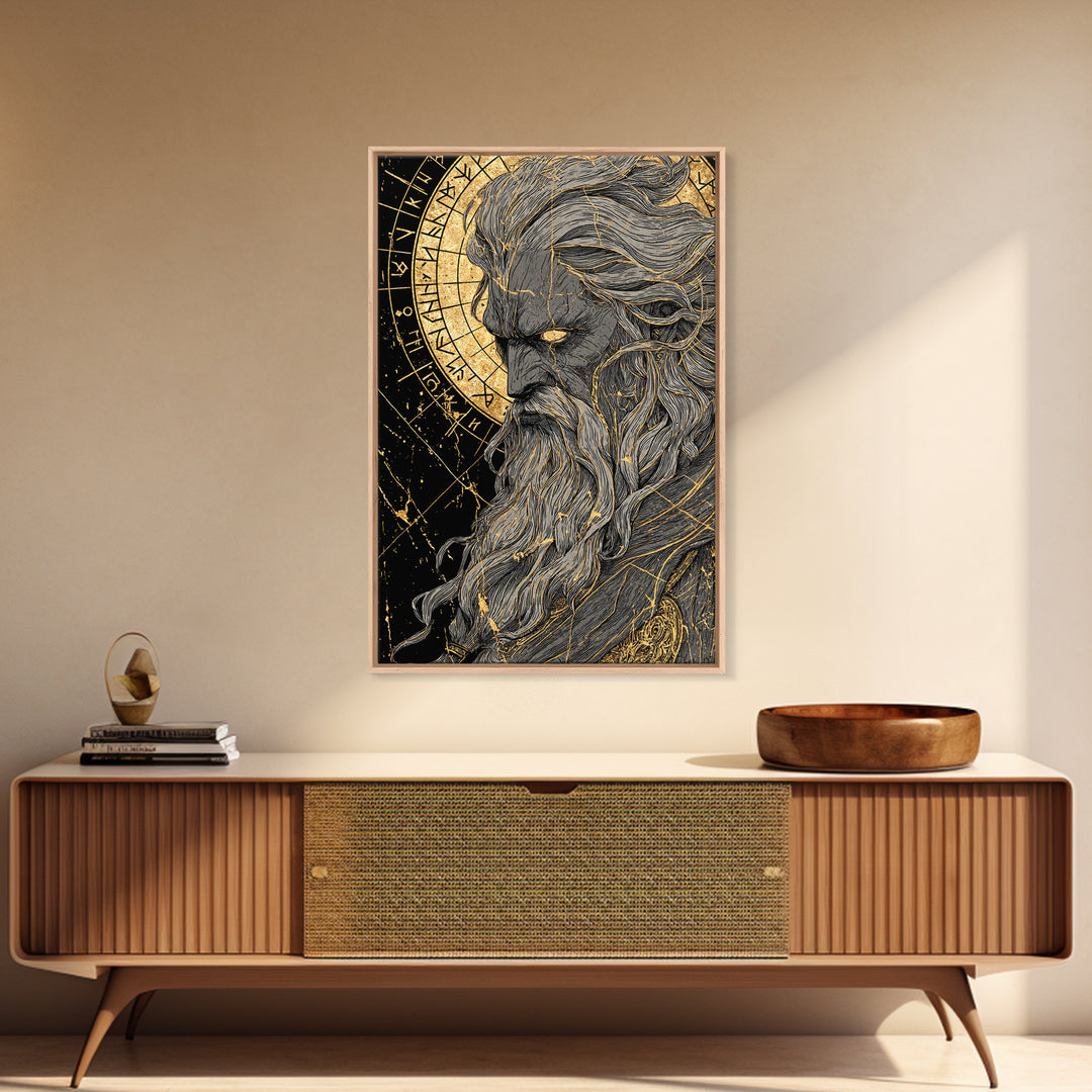 Canvas Gold Art Norse Allfather Odin, Viking Mythology Canvas Art framed in real wood, Nordic wall decor perfect as office or dad gift