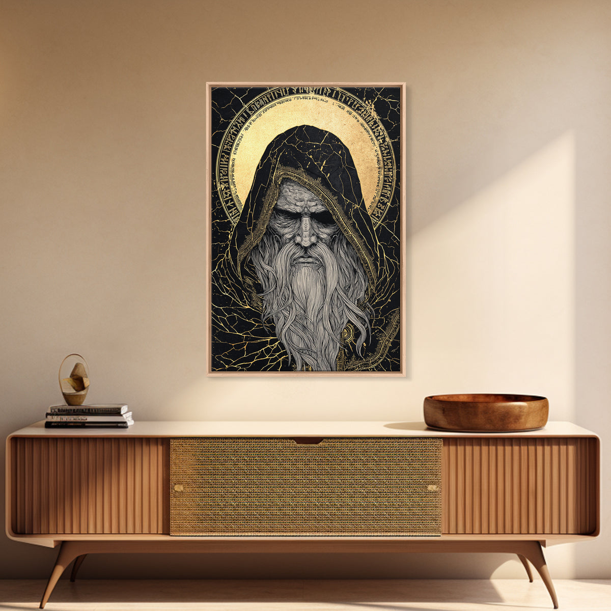 Norse God Odin Canvas Gold Art, Viking Mythology Canvas Art in natural wood frame, powerful Nordic wall art for office or man cave